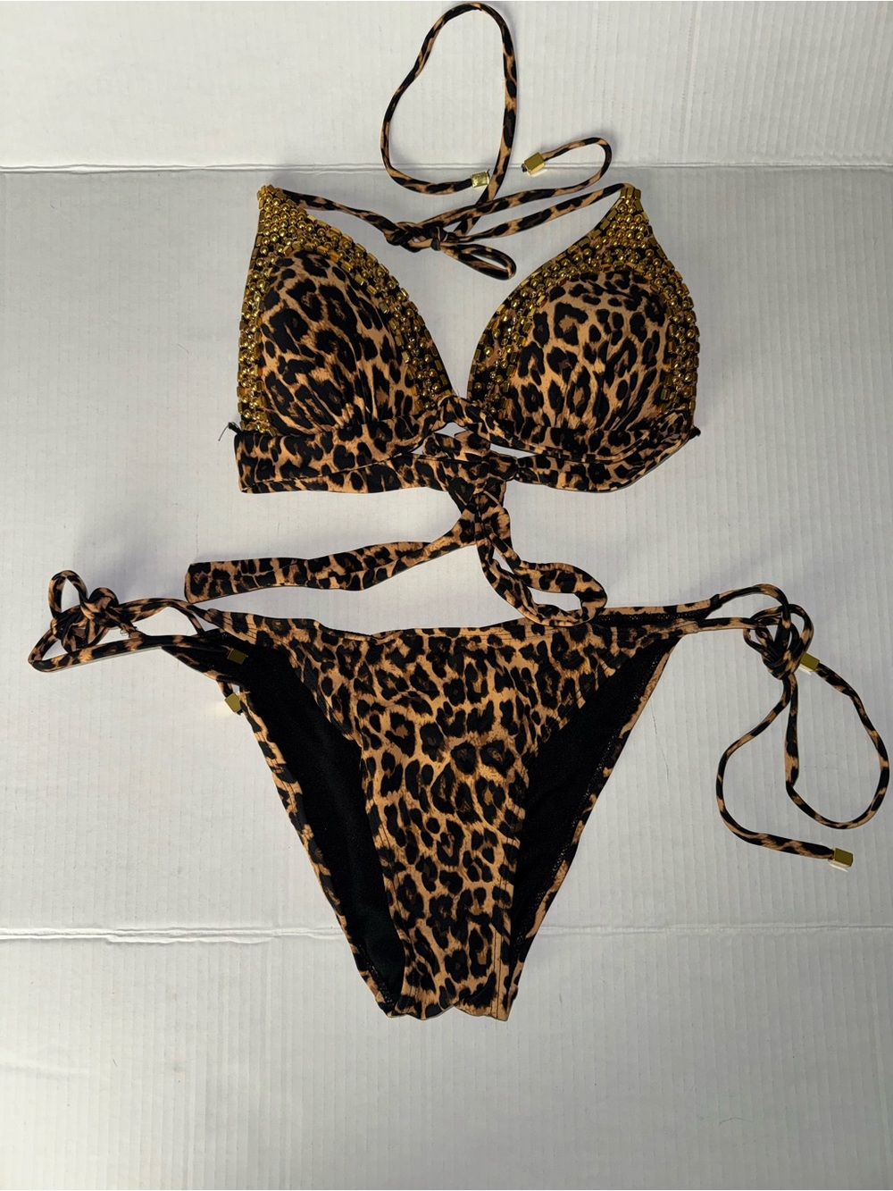 Leopard Print Tie-Side Bikini with Gold Bead Trim